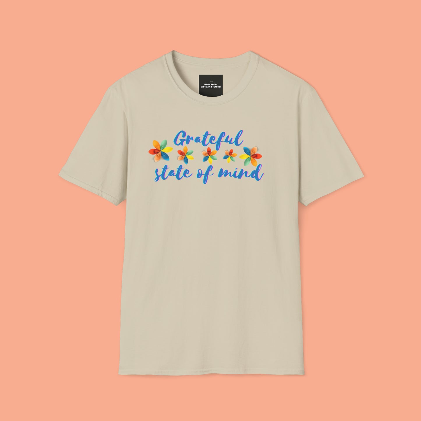 A "grateful state of mind" is a wonderful state to be in. Our mindsets have tremendous impact in our perspectives. This is a Unisex Softstyle T-Shirt.