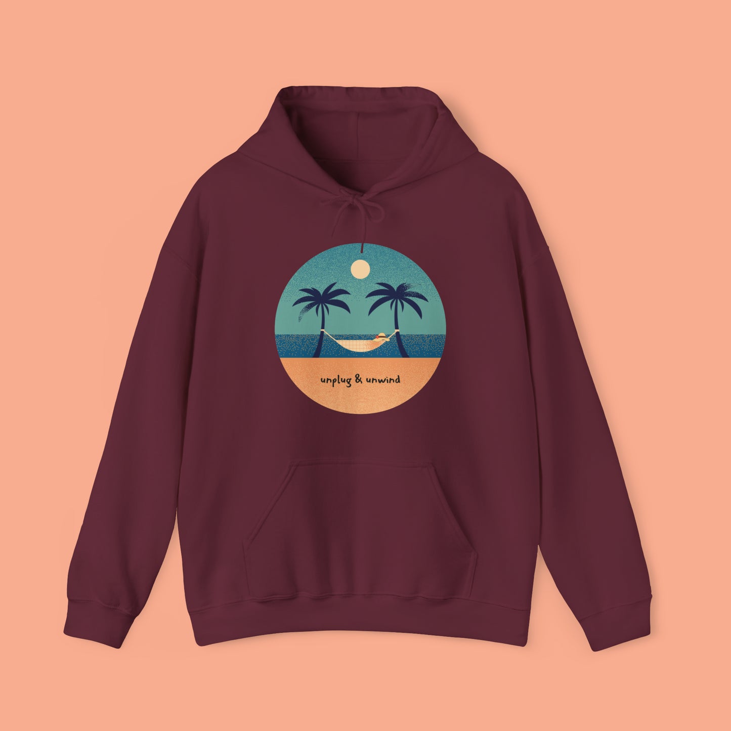 Unplug & unwind beneath a beach scene on this Unisex Heavy Blend™ Hooded Sweatshirt