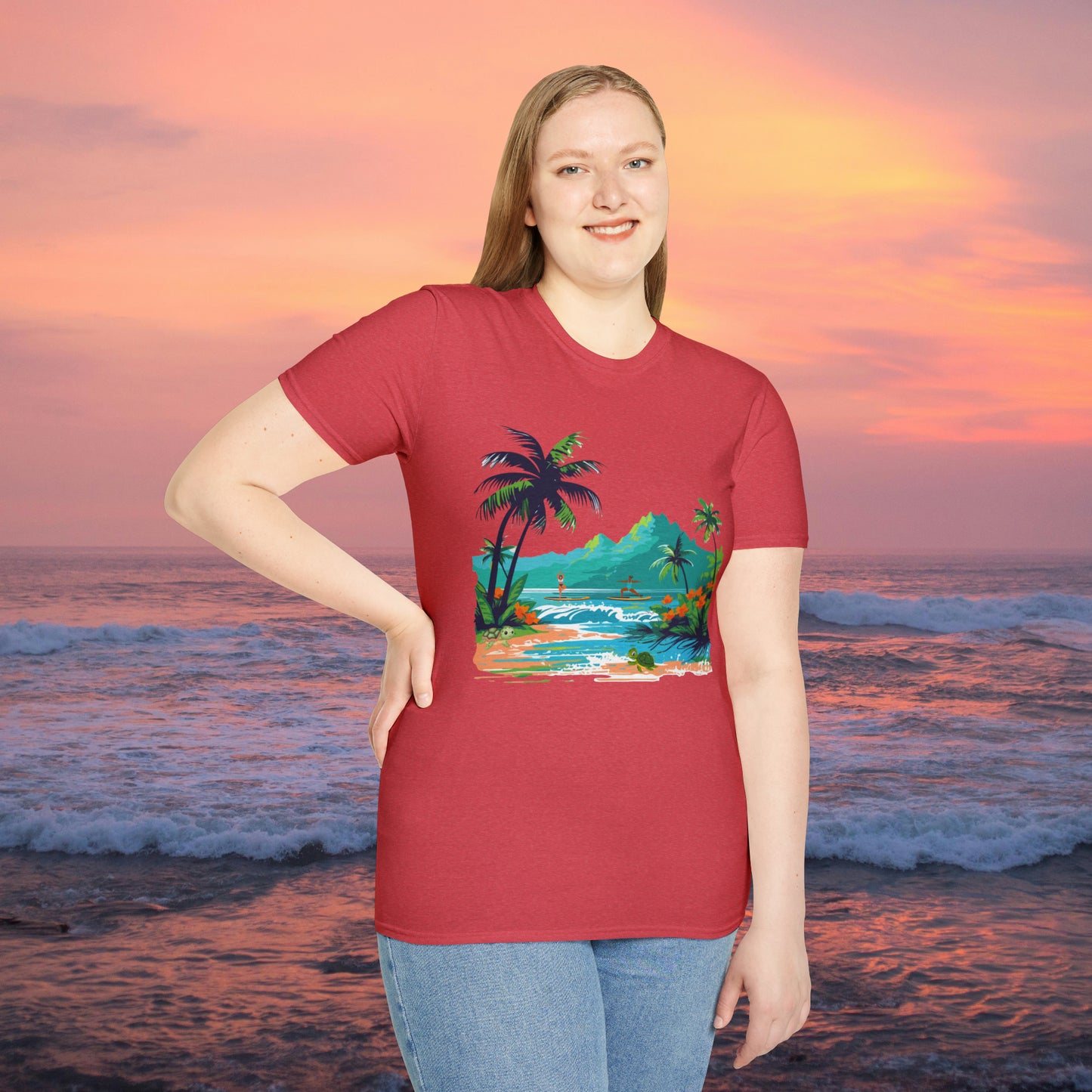 A peaceful paddle board yoga, anyone? With turtles, palm trees and yes the ocean and mountains. Enjoy! A Unisex Softstyle T-Shirt.