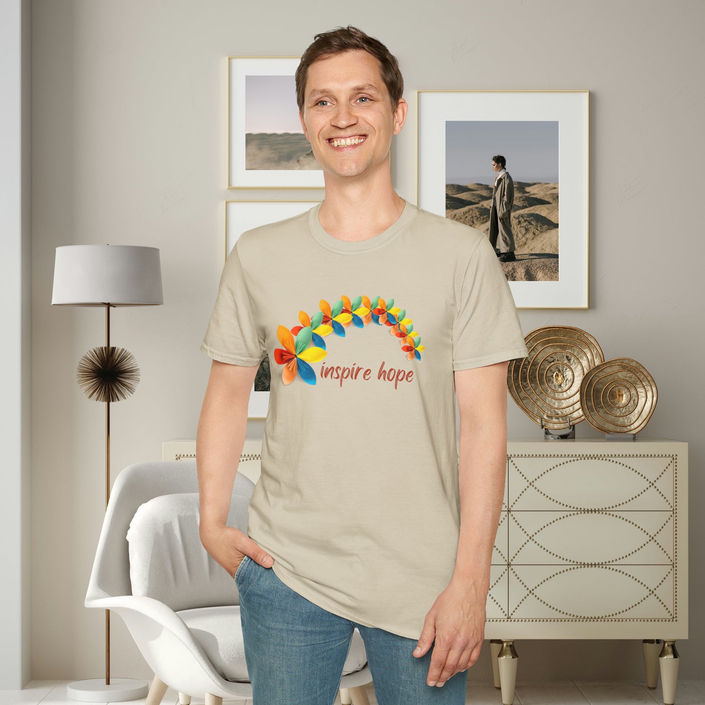 A beautiful origami style flowers in rainbow formation with “inspire hope” below it. We find hope in each other, that is part of our humanity. Be that inspiration, one person at a time. This is a Unisex Softstyle T-Shirt.