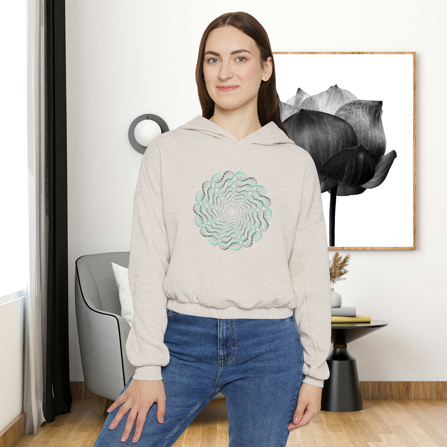 Mesmerizing abstract design on the front and back of this Women's Cinched Bottom Hoodie.
