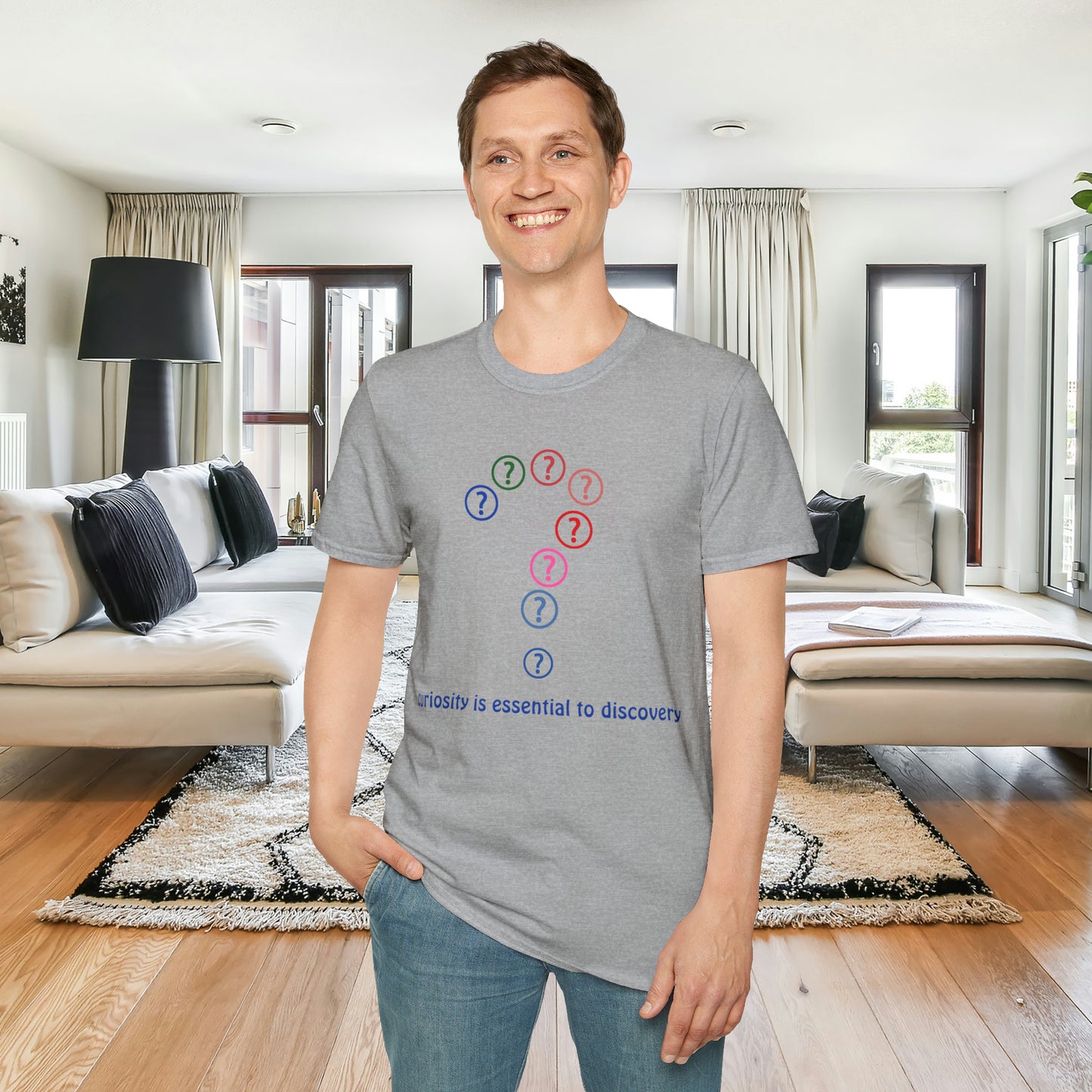 A question mark made of question marks above “curiosity is essential to discovery” message design on this Unisex Softstyle T-Shirt design.