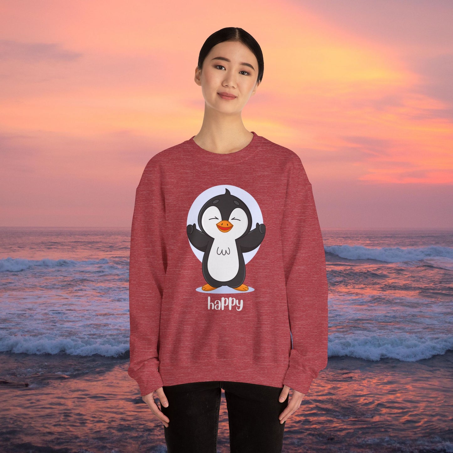 Penguin Crewneck Sweatshirt with Happy Typography