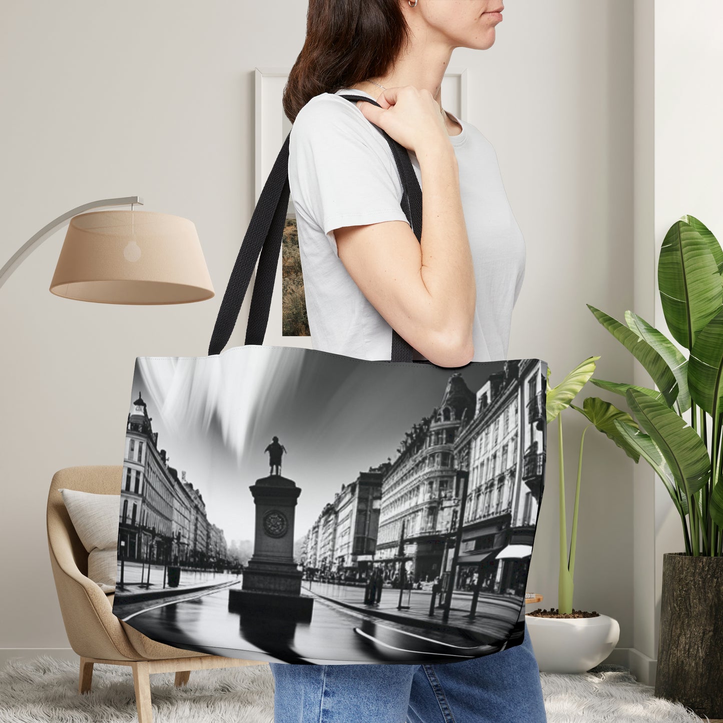 Minimalist depiction of a French city inspired design on this beautiful Weekender Tote Bag.