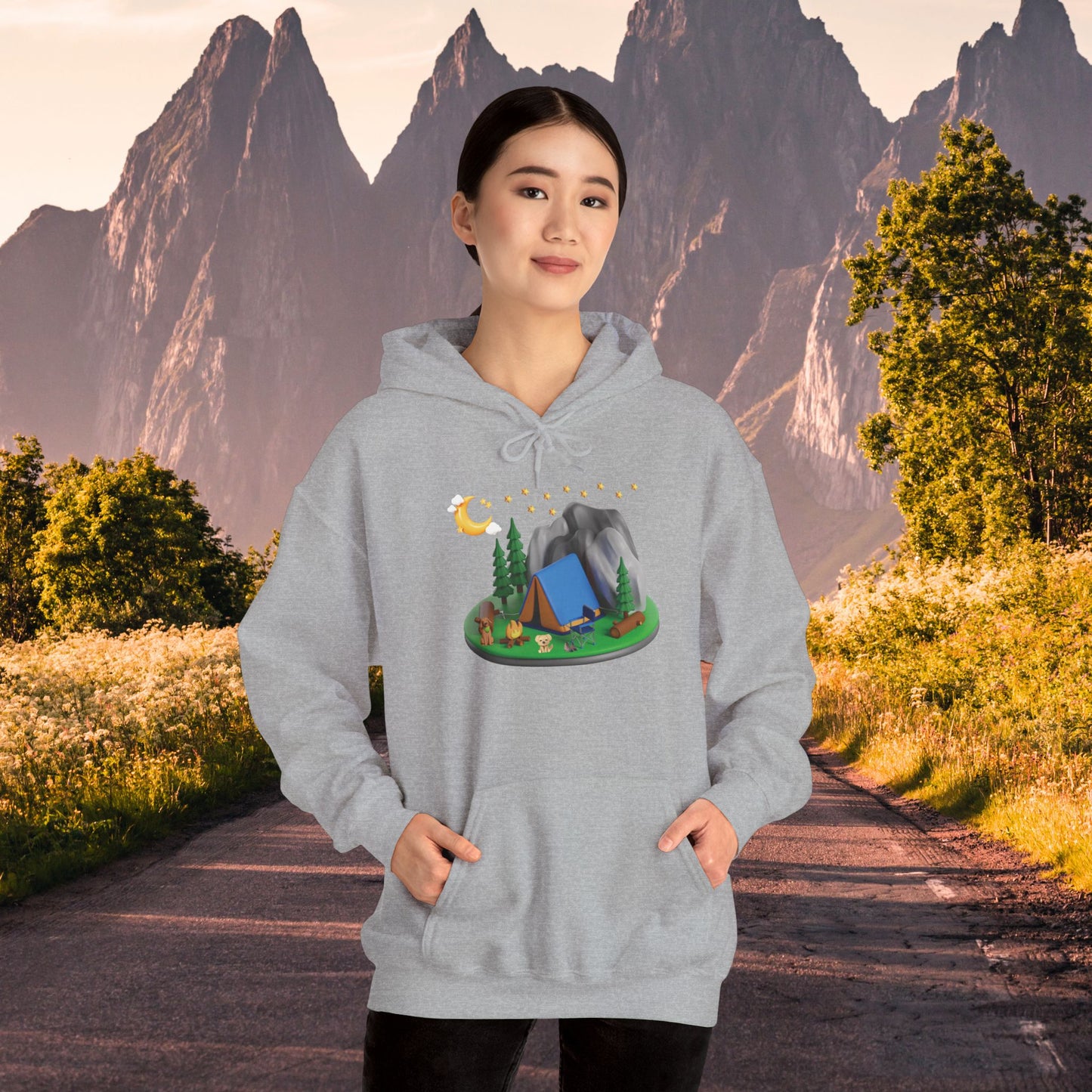 Mountain Camping Unisex Hoodie - Night Time Adventure with Your Dog