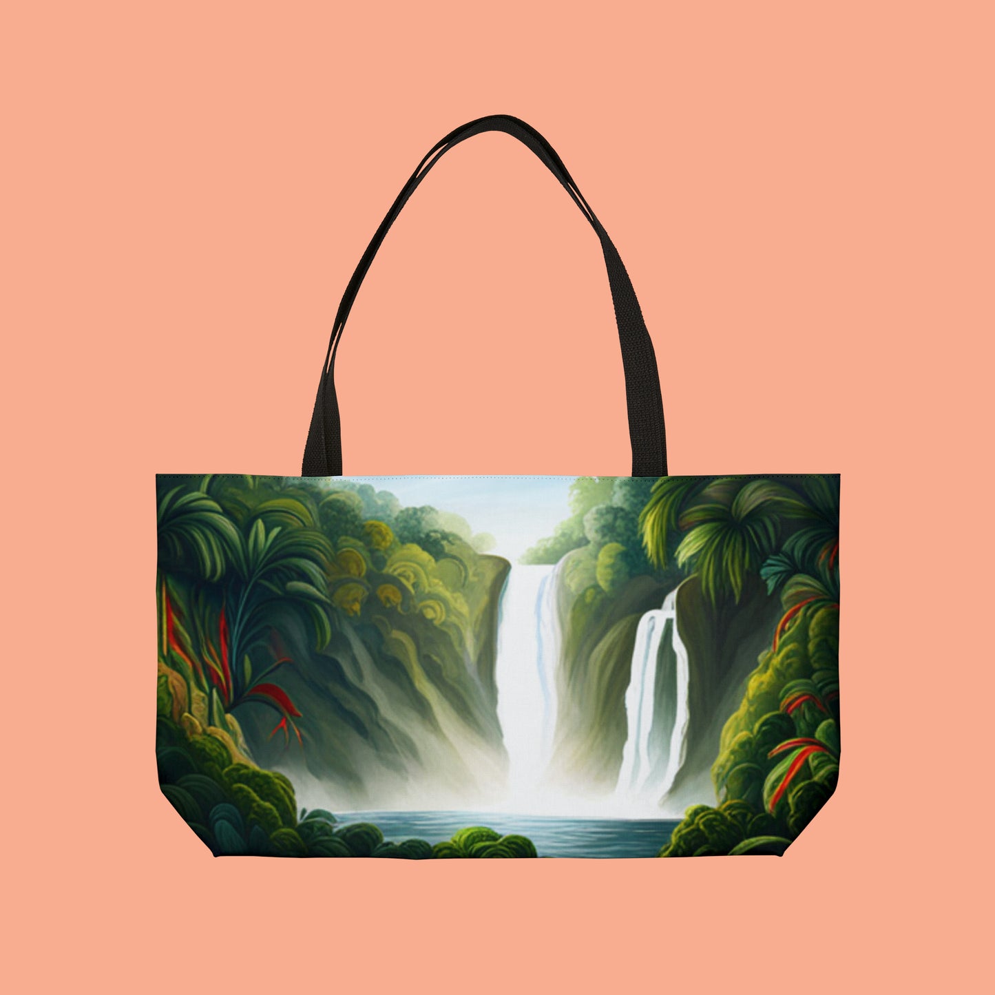 A lush waterfalls scene inspired design on this Weekender Tote Bag.