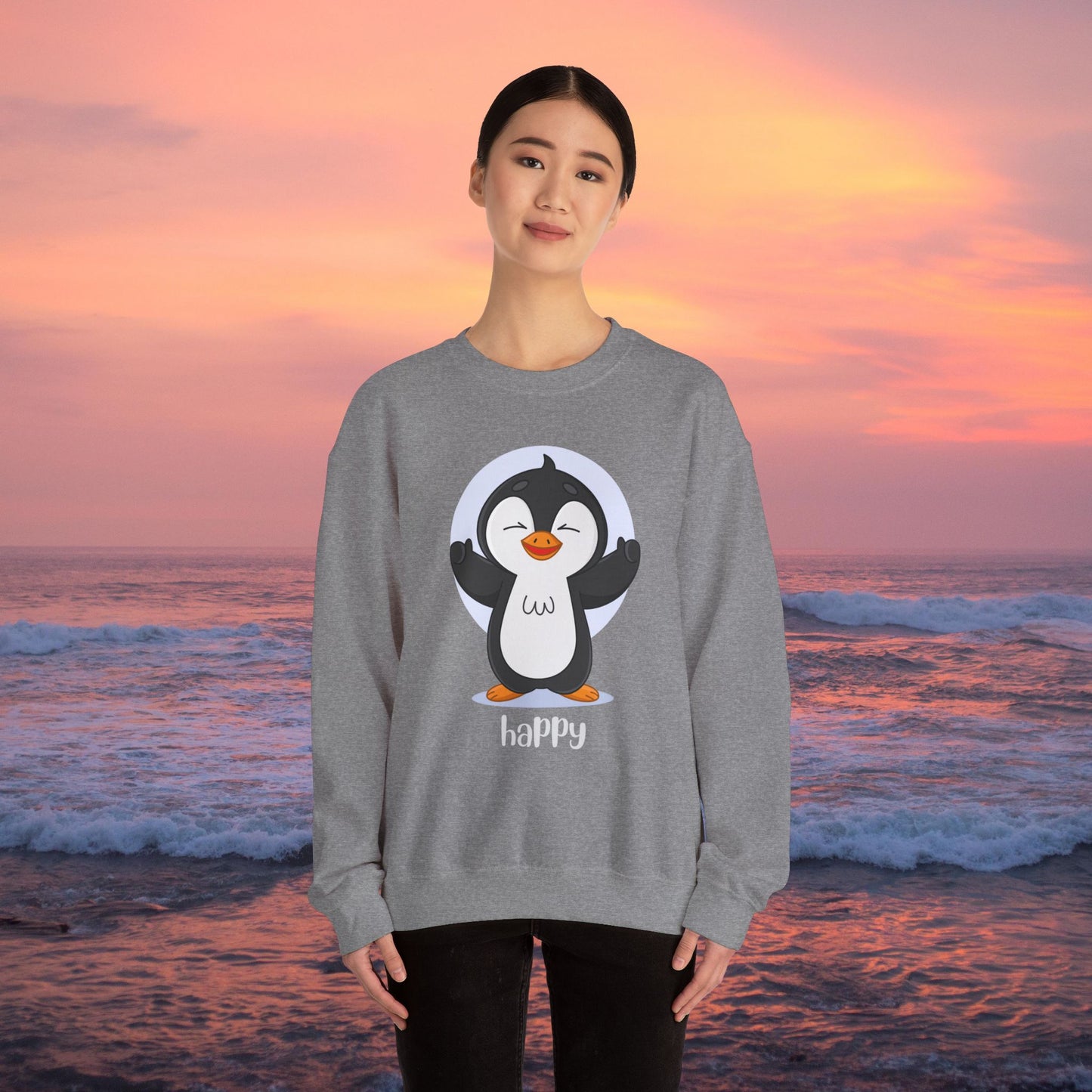 Penguin Crewneck Sweatshirt with Happy Typography