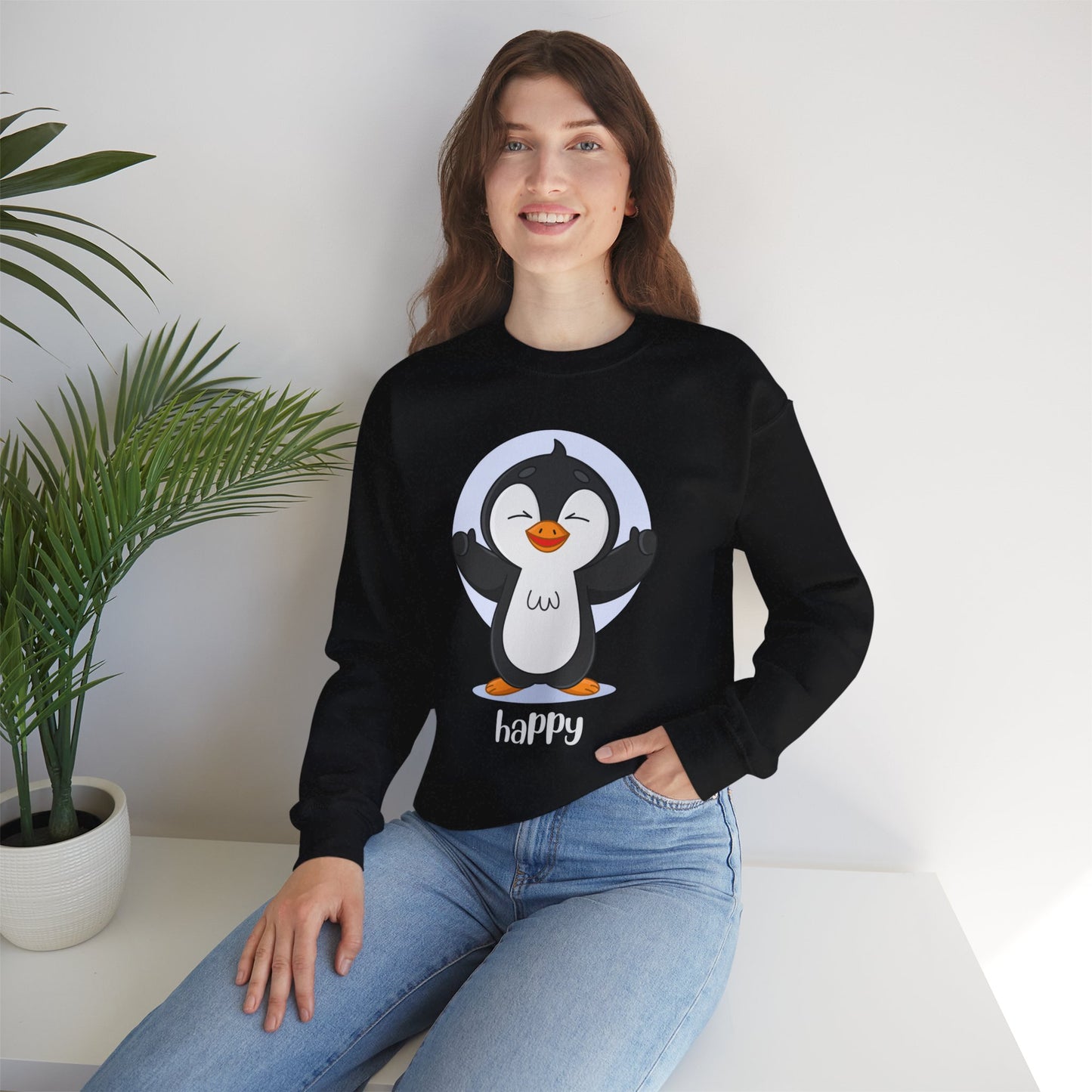 Penguin Crewneck Sweatshirt with Happy Typography