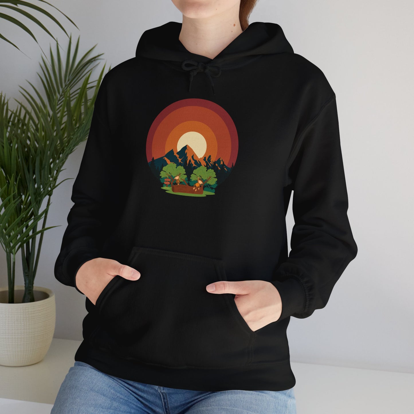 Hooded Sweatshirt - Mountain Forest and Playful Monkeys Design