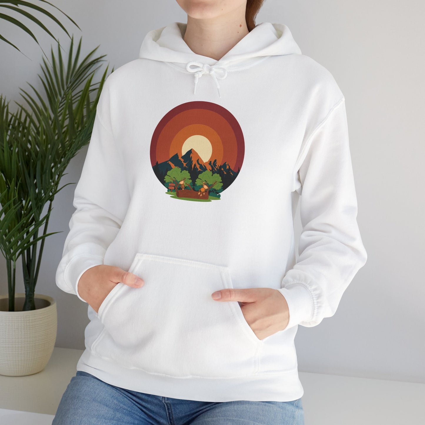 Hooded Sweatshirt - Mountain Forest and Playful Monkeys Design