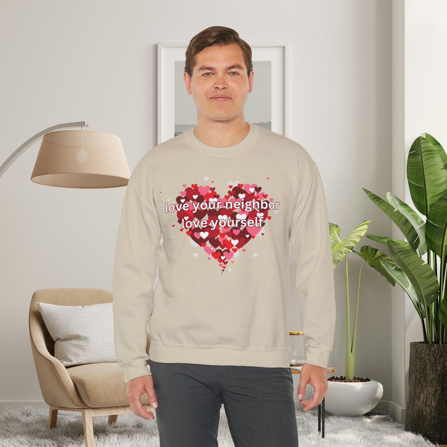 “love your neighbor love yourself” on top of a beautiful heart of hearts. Give the gift of this Unisex Heavy Blend™ Crewneck Sweatshirt or get one for yourself.