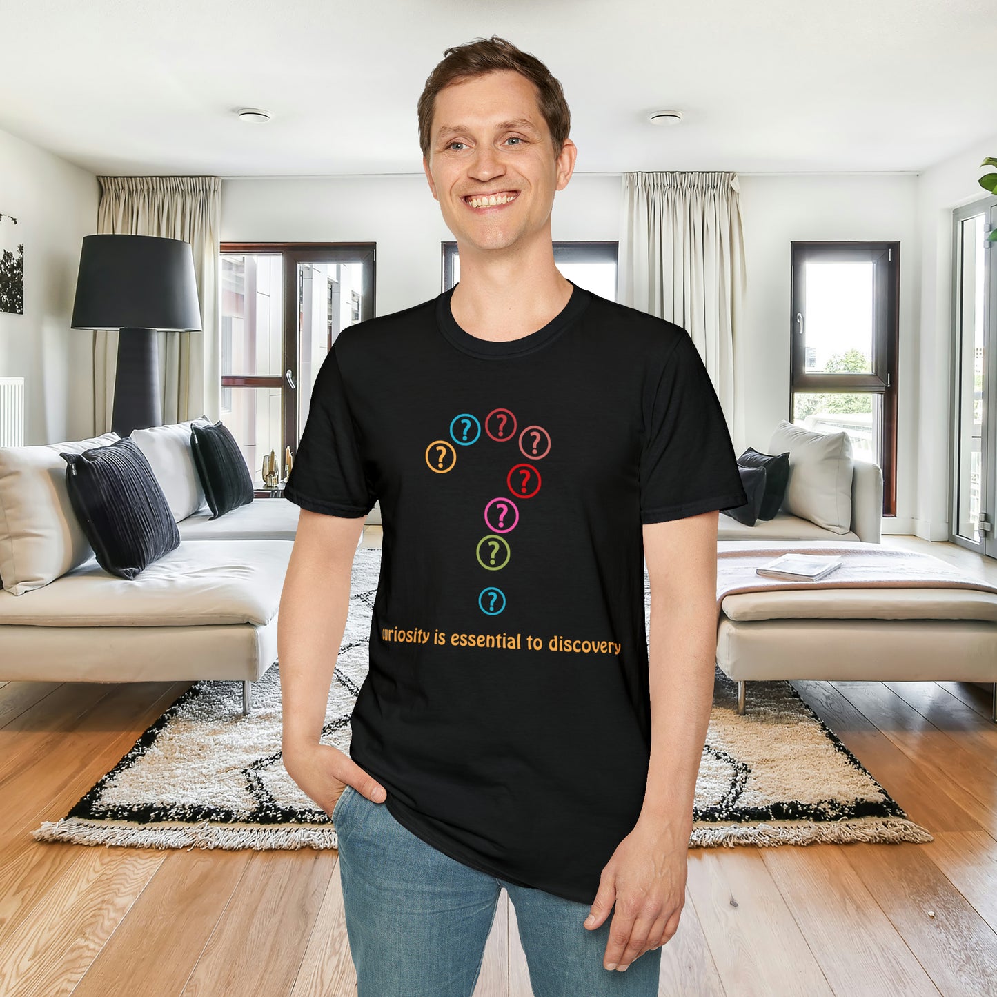 A question mark made of question marks above “curiosity is essential to discovery” message design on this Unisex Softstyle T-Shirt design.