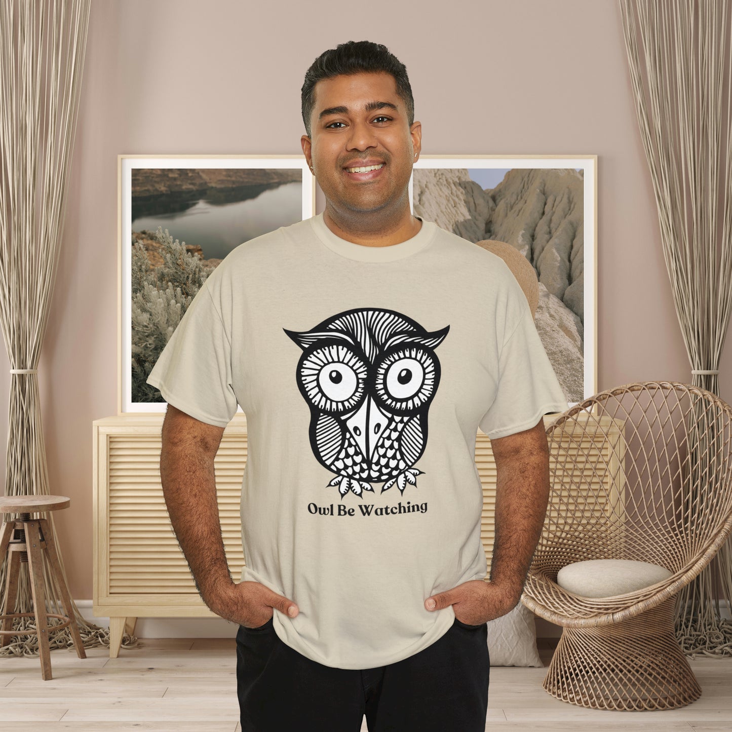 Owl be watching caption Unisex Heavy Cotton Tee. Beautiful owl design for your enjoyment.