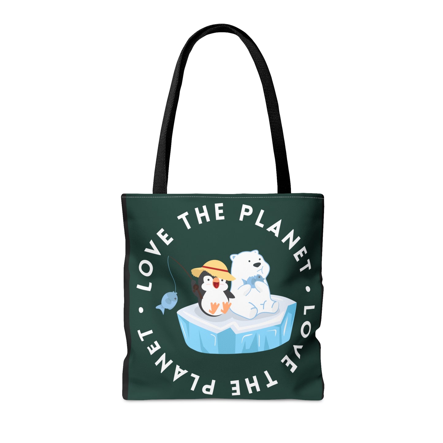 Cute polar bear, penguin and fish inside a  “LOVE THE PLANET” Tote Bag in 3 sizes to meet your needs.