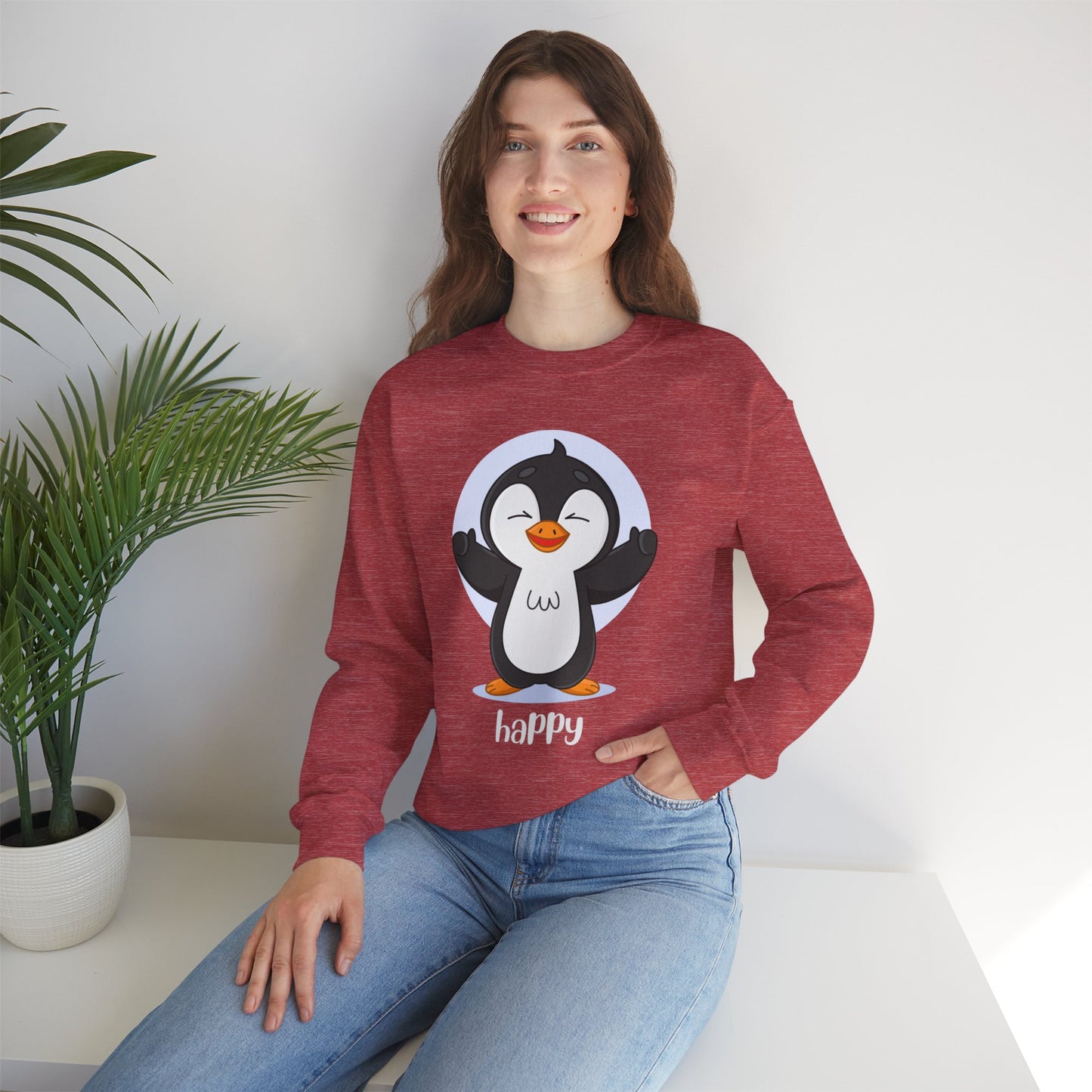 Penguin Crewneck Sweatshirt with Happy Typography