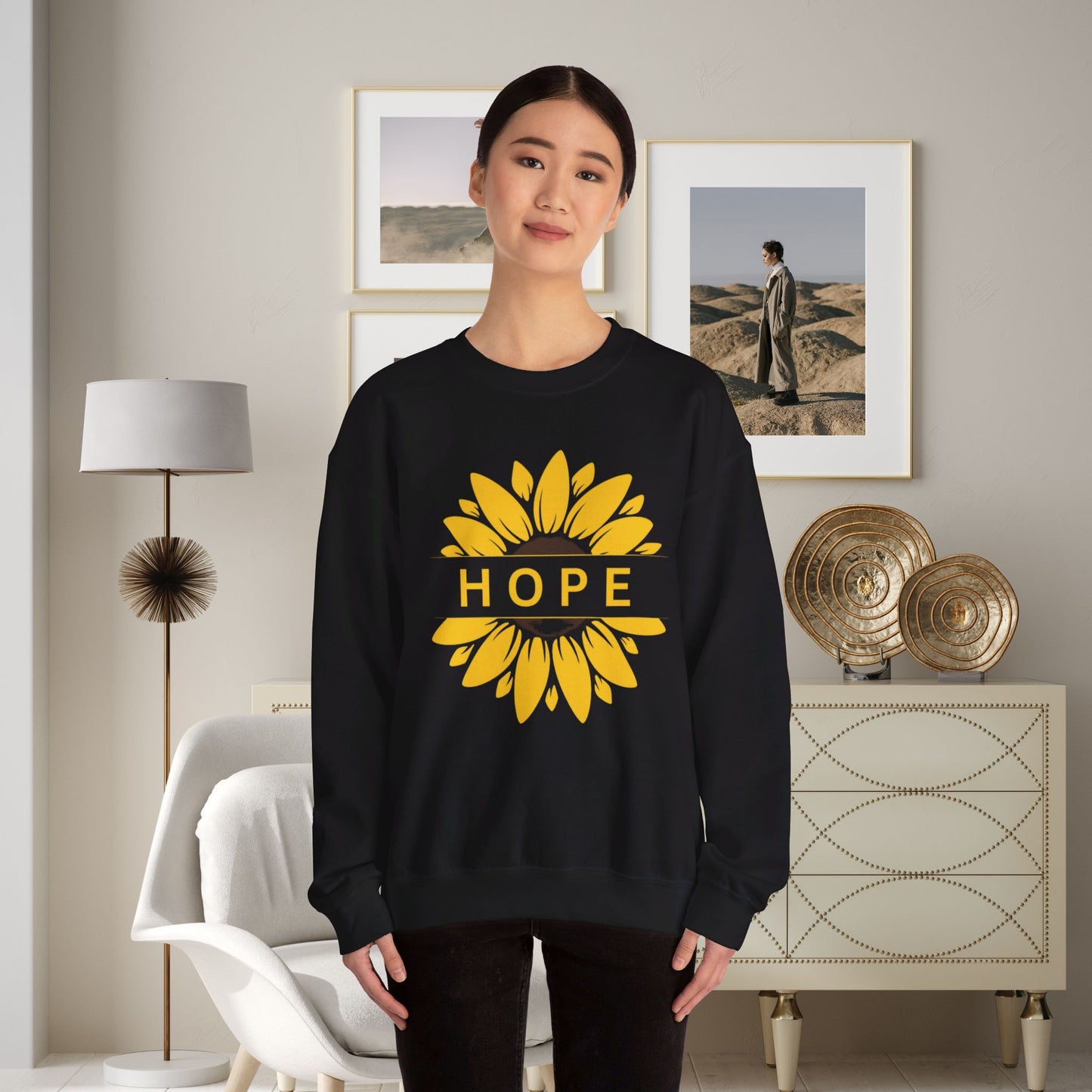 Beautiful sunflower with to inspire  “HOPE” comfy sweatshirt. Give the gift of this Unisex Heavy Blend™ Crewneck Sweatshirt or get one for yourself.