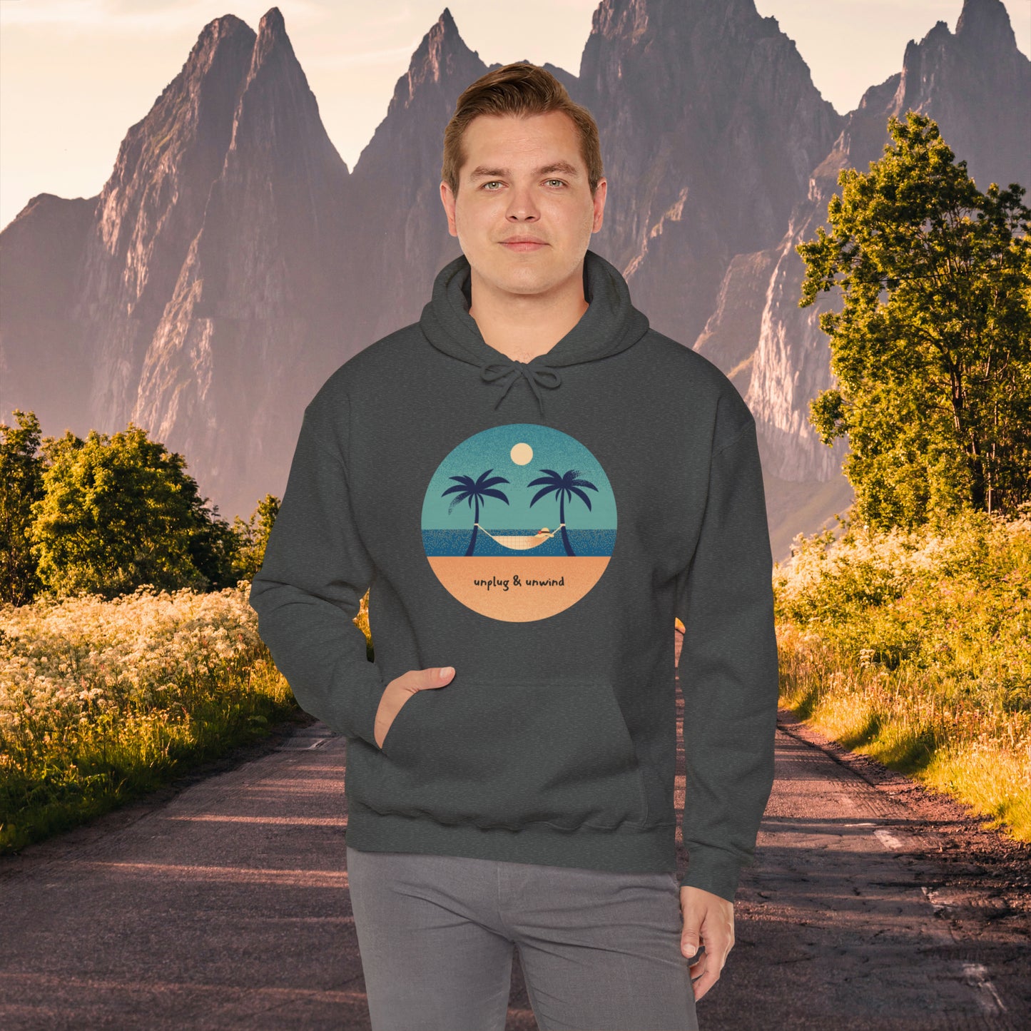 Unplug & unwind beneath a beach scene on this Unisex Heavy Blend™ Hooded Sweatshirt