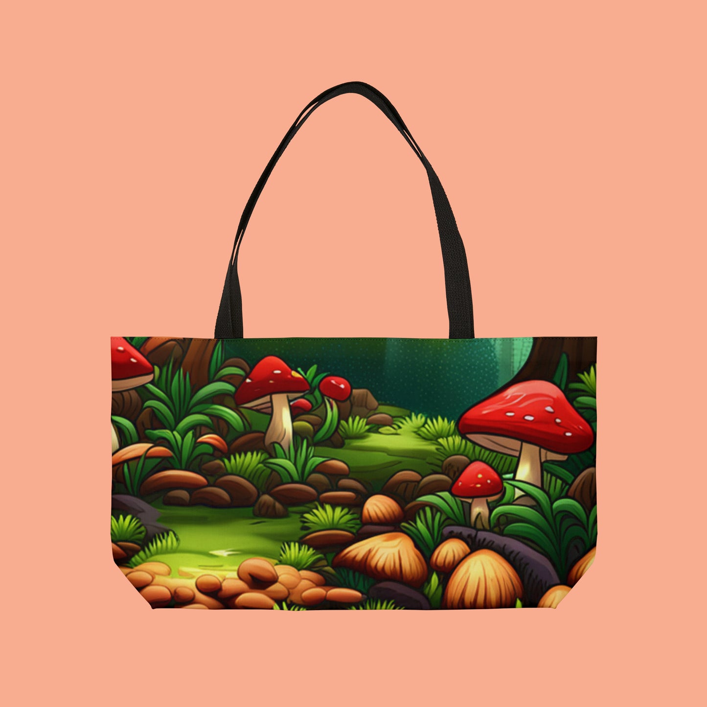 Mushrooms thriving in the forest inspires this design on this Weekender Tote Bag.