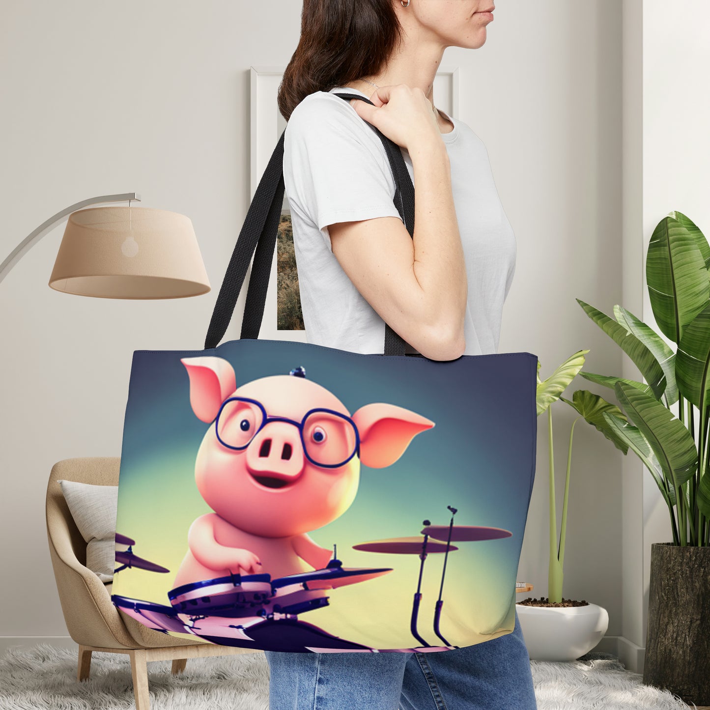 Cute pig drummer inspired design on this Weekender Tote Bag.