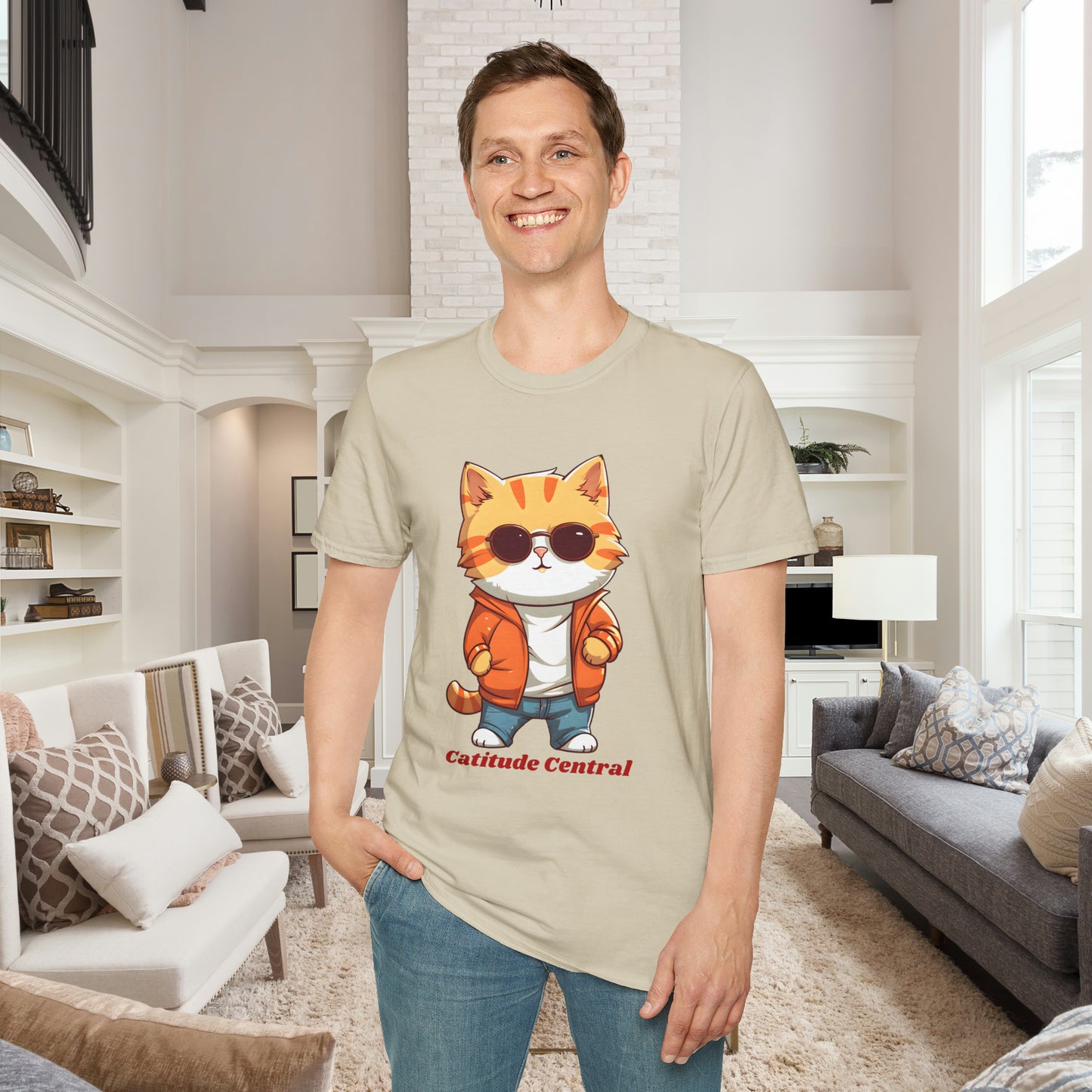 A cool cat with  “Catitude Central” below it on this Unisex Softstyle T-Shirt. Cat lovers get this.