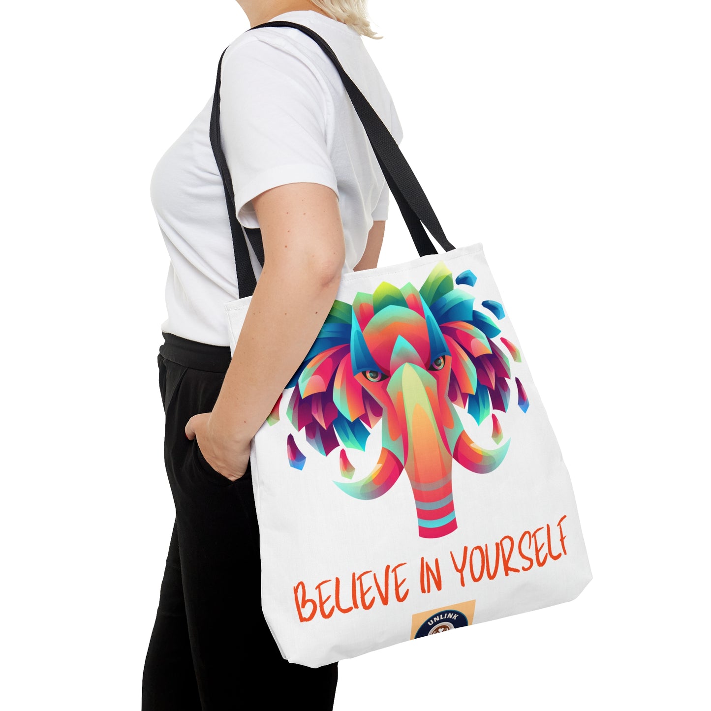 Gorgeous elephant design above “BELIEVE IN YOURSELF” affirmation tote bag. Come in 3 sizes to meet your needs.