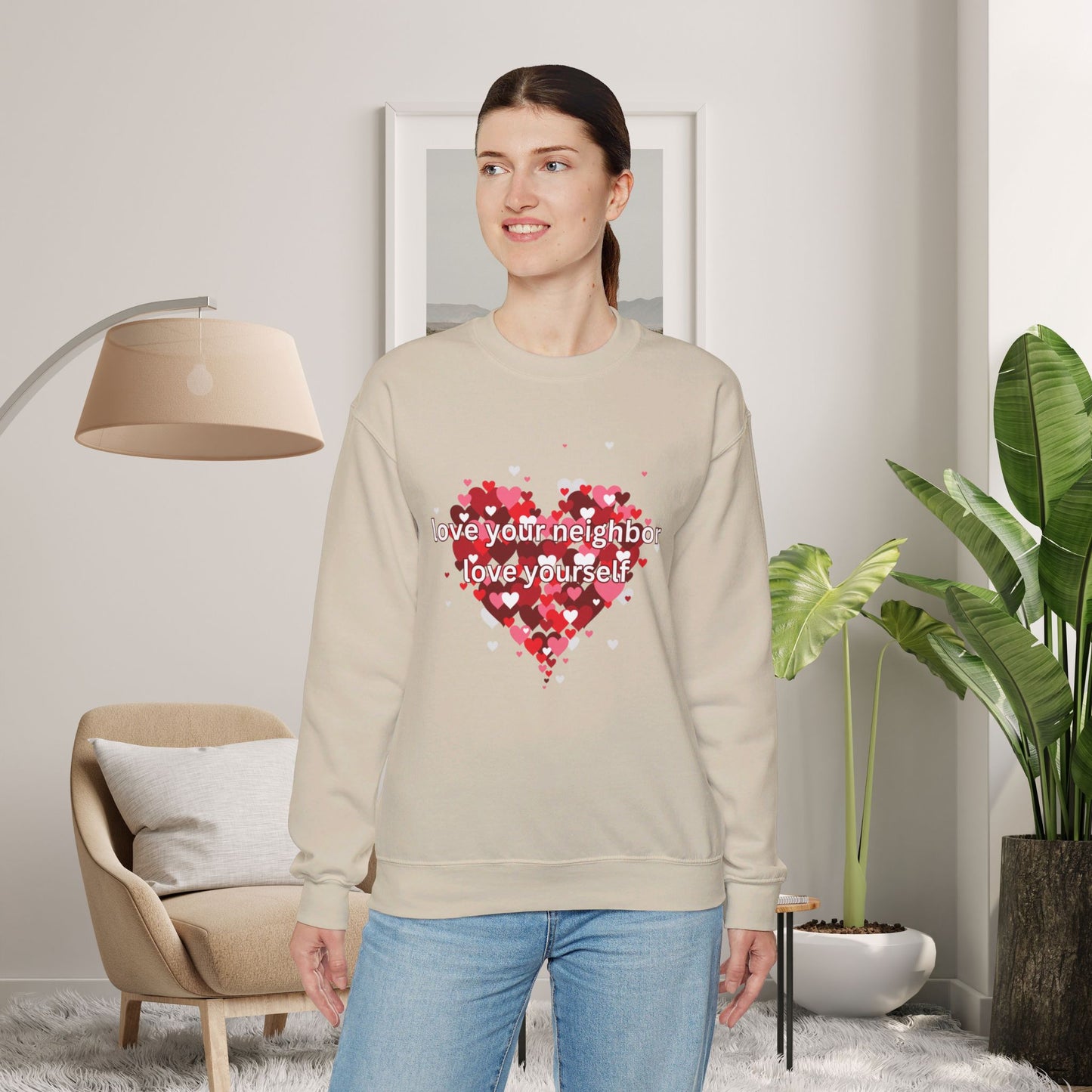 “love your neighbor love yourself” on top of a beautiful heart of hearts. Give the gift of this Unisex Heavy Blend™ Crewneck Sweatshirt or get one for yourself.