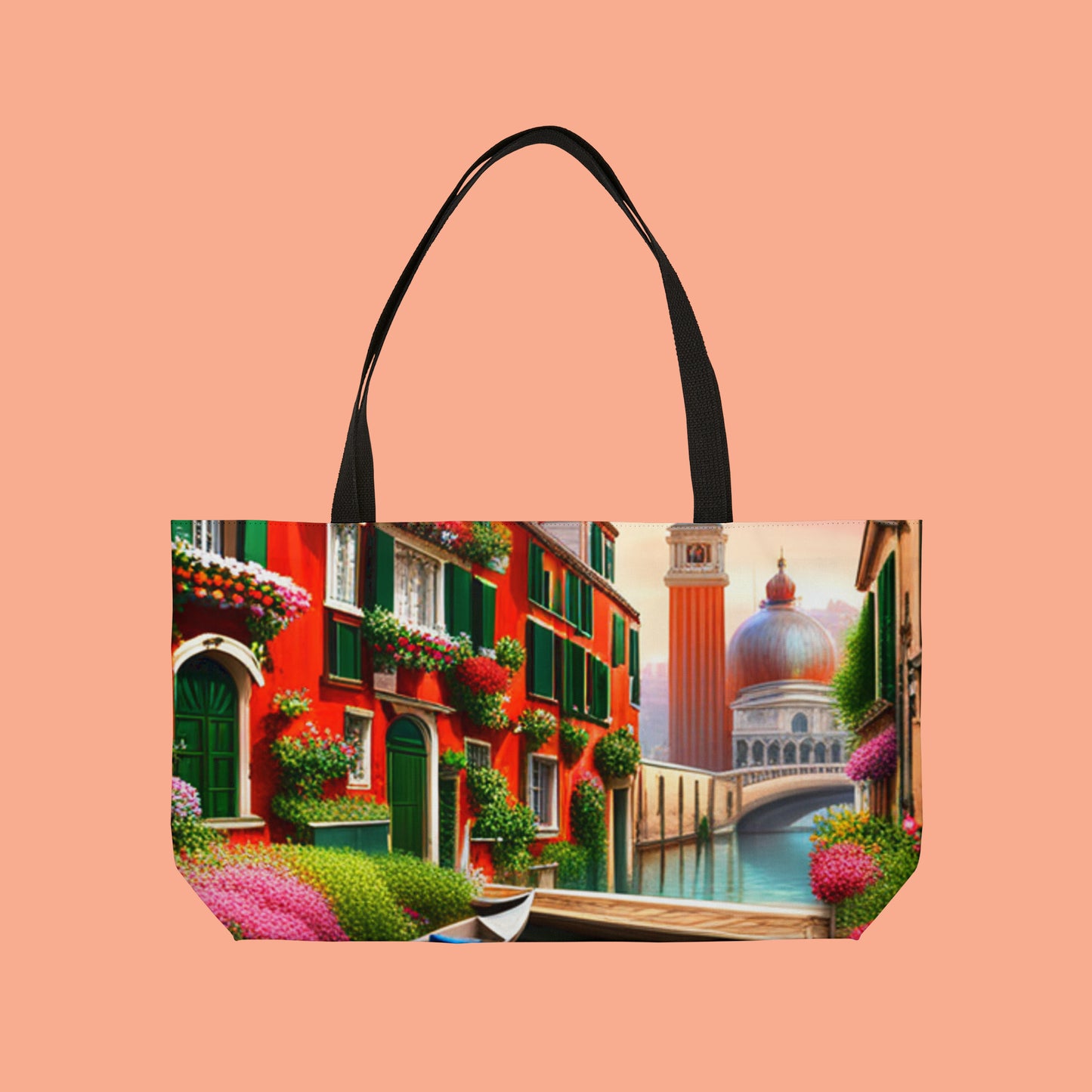 A design inspired by the very photogenic city of Venice, Italy on this Weekender Tote Bag.