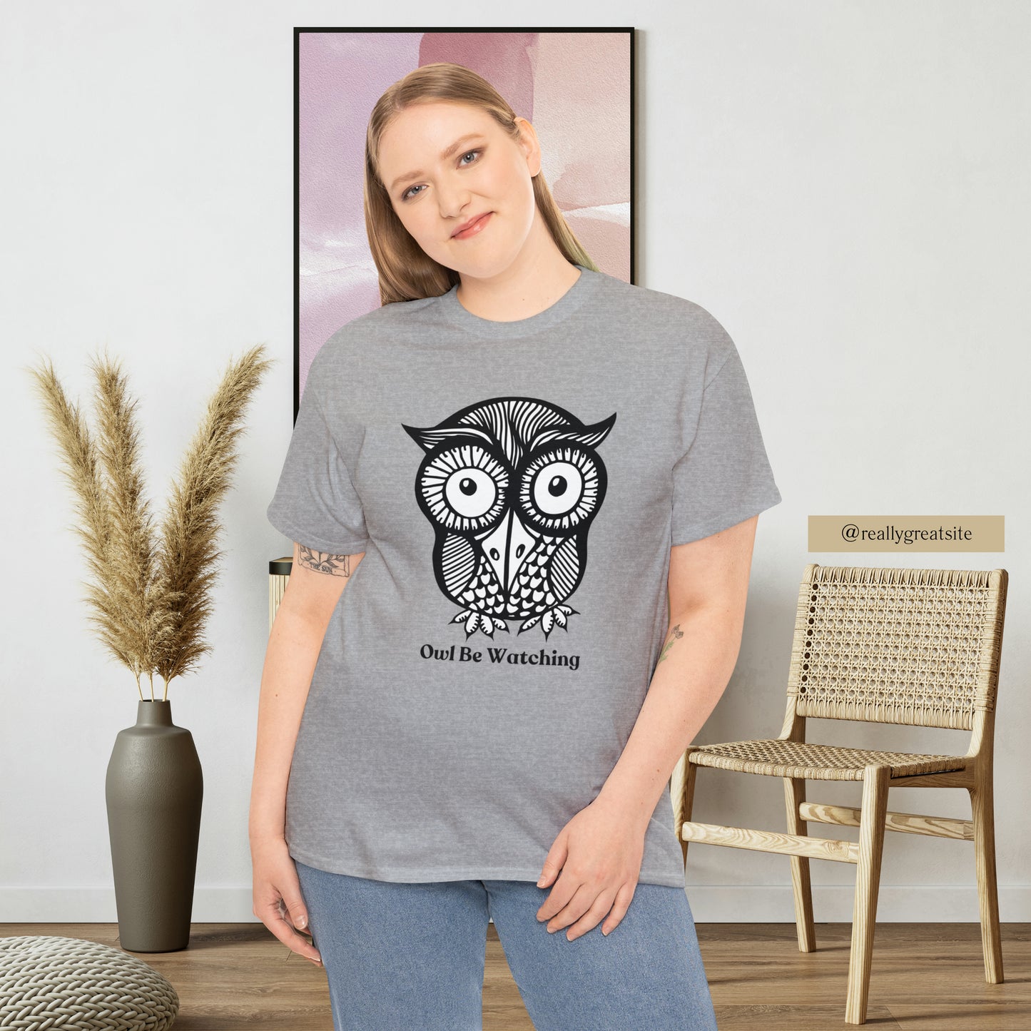 Owl be watching caption Unisex Heavy Cotton Tee. Beautiful owl design for your enjoyment.