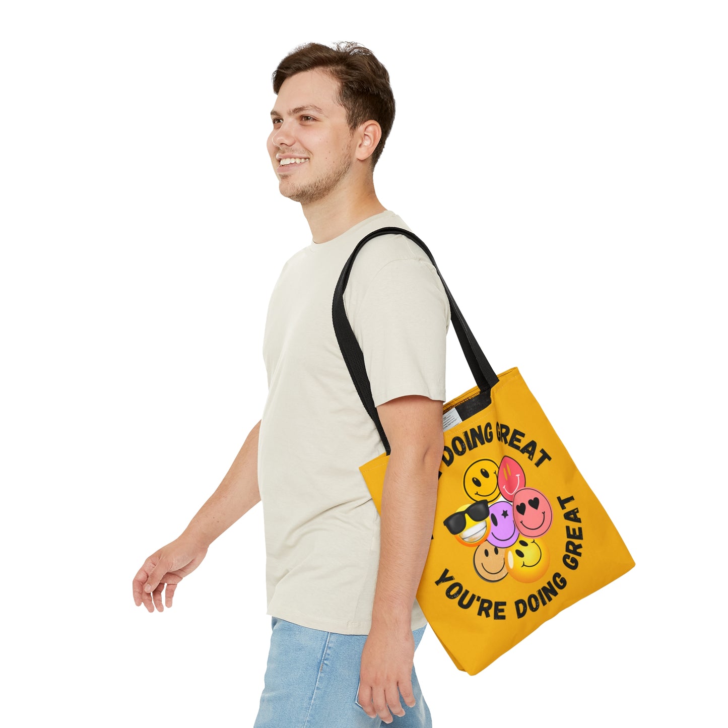 Positive feedback “YOU ARE DOING GREAT” makes us smile with this colorful Tote Bag in 3 sizes to meet your needs.