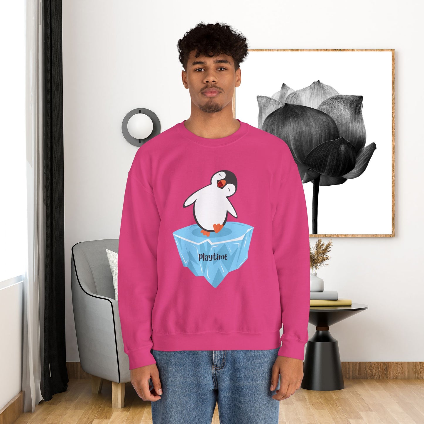 Playtime! Cute and happy penguin on an iceberg design. Give the gift of this Unisex Heavy Blend™ Crewneck Sweatshirt or get one for yourself.