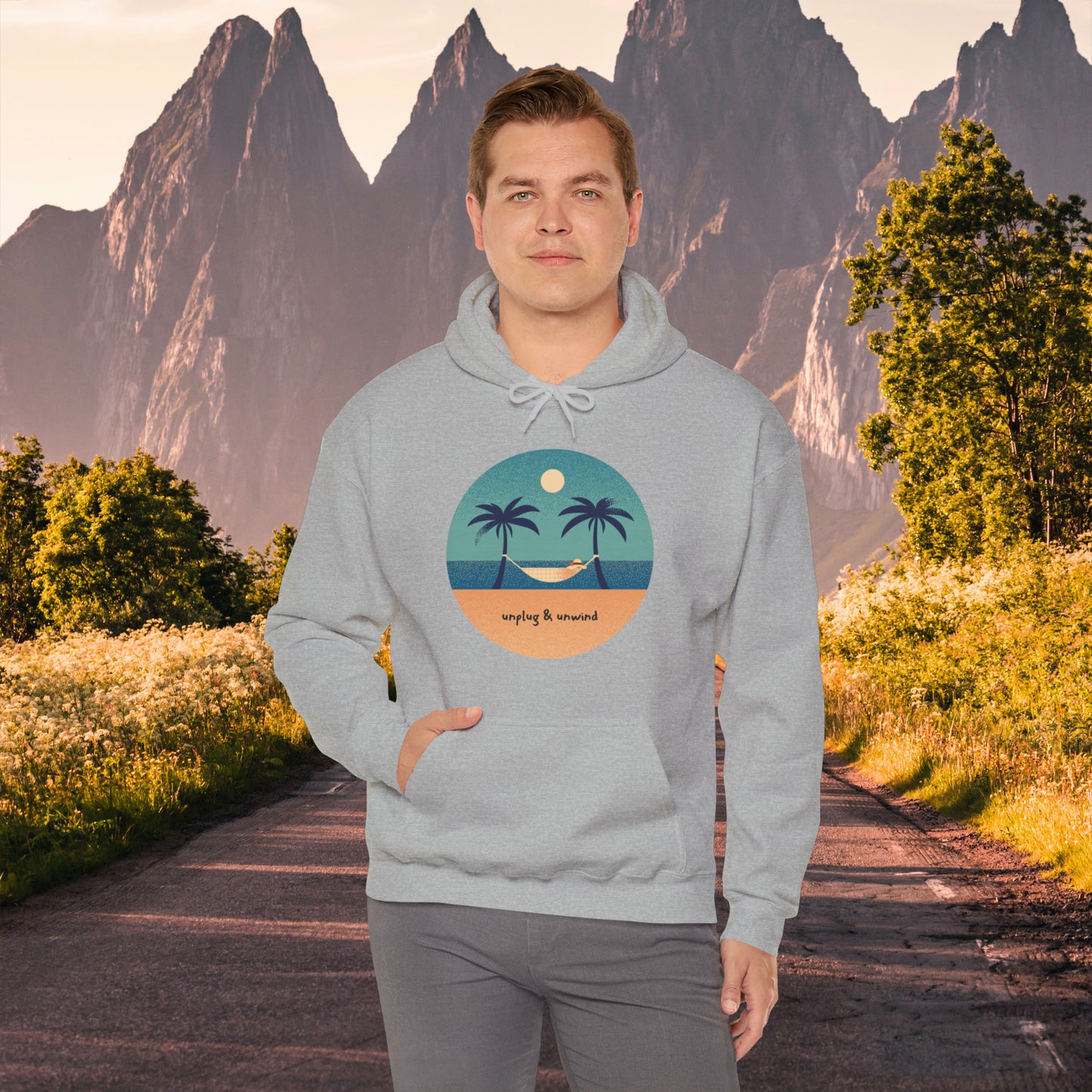 Unplug & unwind beneath a beach scene on this Unisex Heavy Blend™ Hooded Sweatshirt