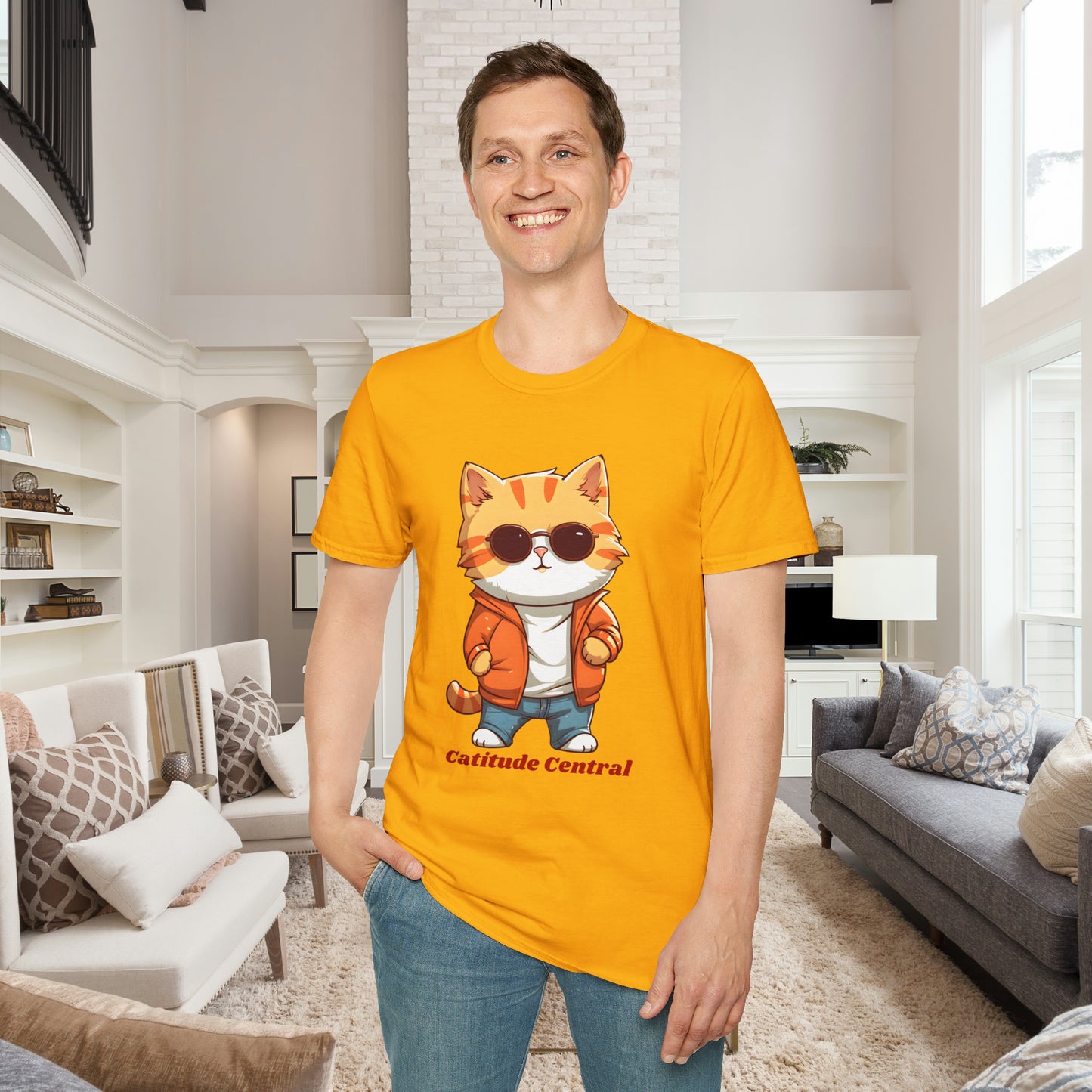 A cool cat with  “Catitude Central” below it on this Unisex Softstyle T-Shirt. Cat lovers get this.