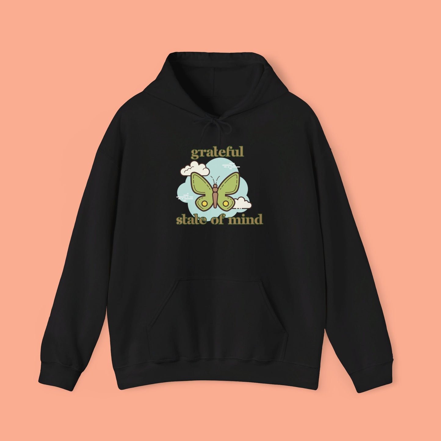 Grateful state of mind around a simple butterfly design on this Unisex Heavy Blend™ Hooded Sweatshirt