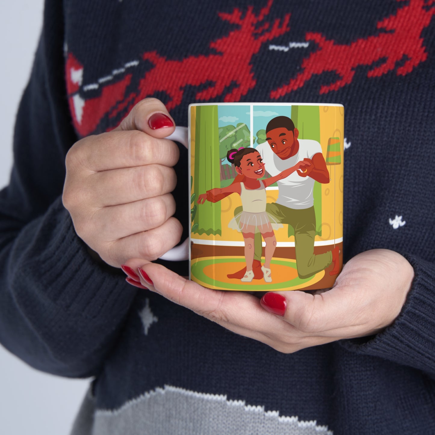 “BEST DAD EVER” on one side and a dad teaching his child to dance. Part of several mugs to choose from depending on what resonates with you.