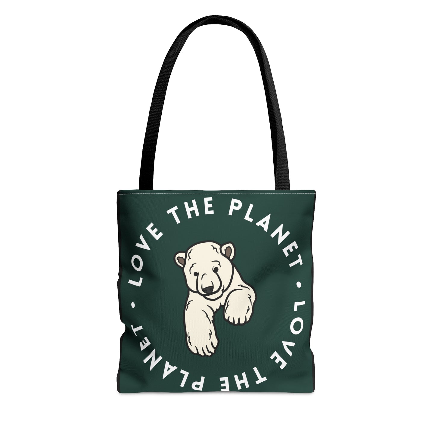 Polar bear inside a  “LOVE THE PLANET” Tote Bag in 3 sizes to meet your needs. Available in black.