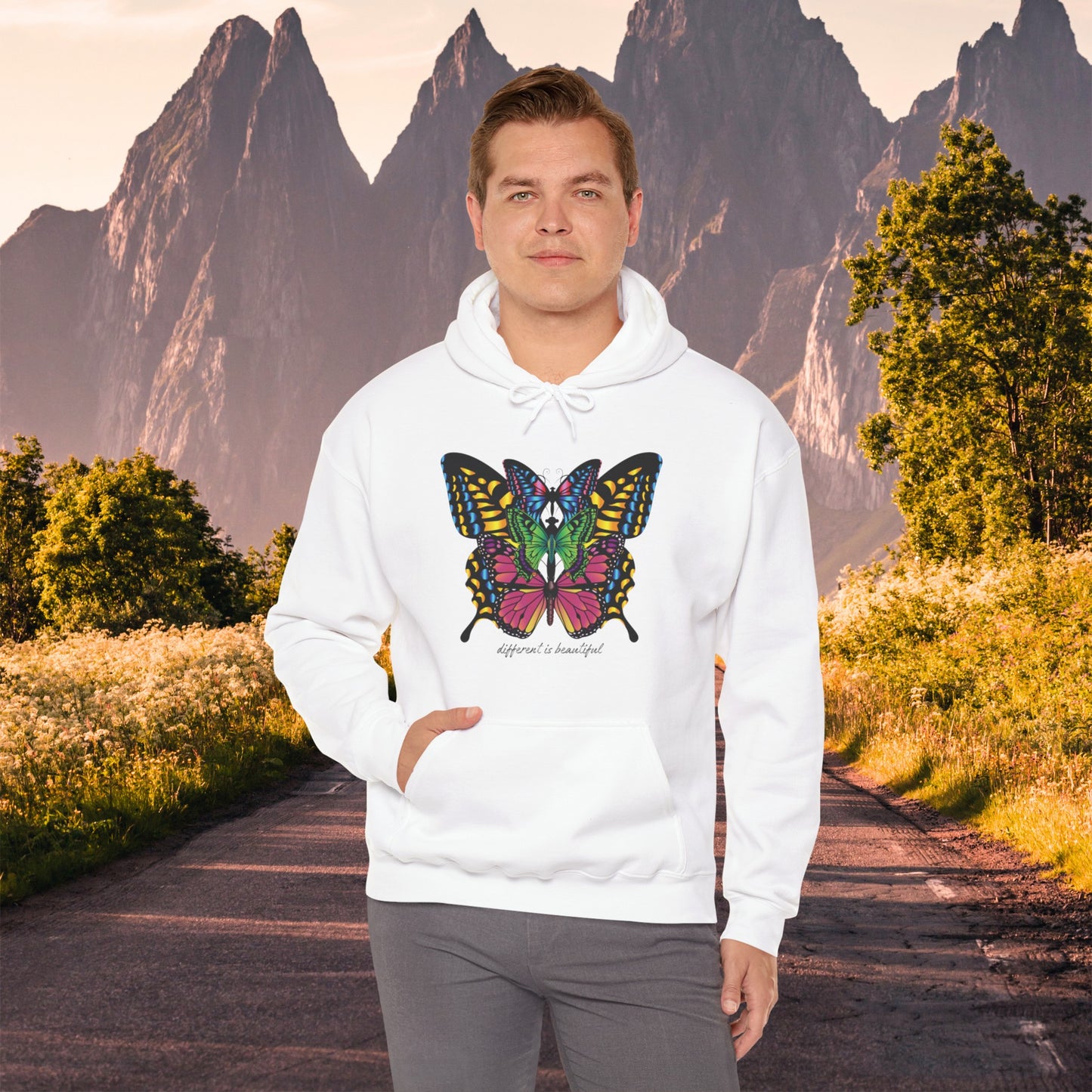 Diversity is celebrated on this butterflies filled “different is beautiful" Unisex Heavy Blend™ Hooded Sweatshirt