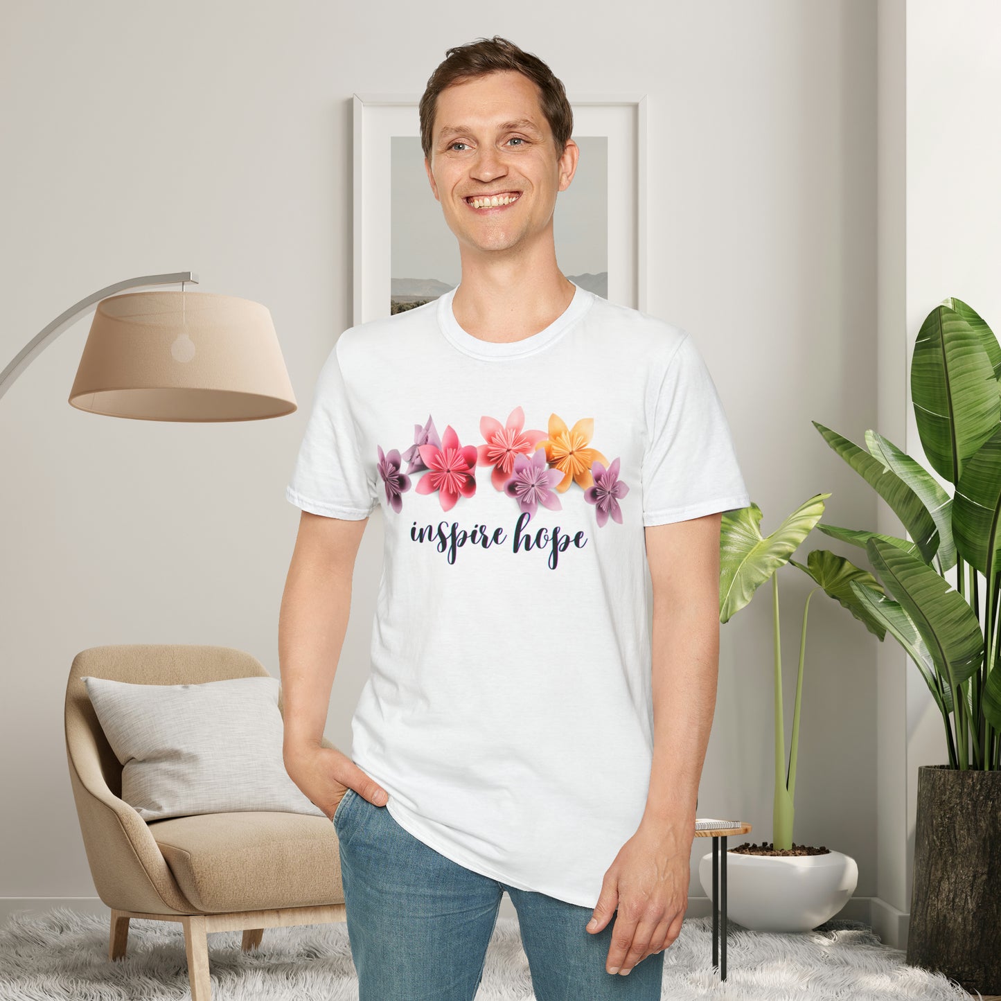 Our ability to “inspire hope” in others begins with us recognizing our ability to do so. Origami flowers go with this message on this Unisex Softstyle T-Shirt.