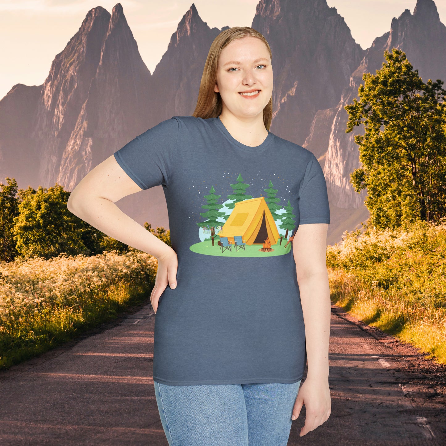 Camping can be so much fun! A happy place for many of us. Love of the great outdoors inspired design on this Unisex Softstyle T-Shirt.