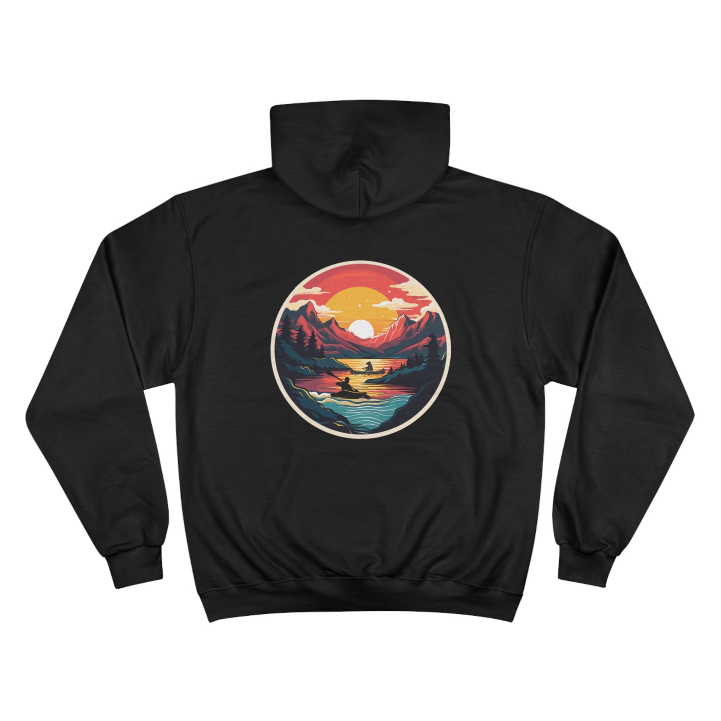 Kayakers Champion Hoodie - Colorful River and Mountains Design