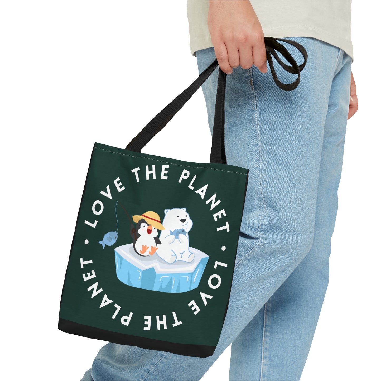 Cute polar bear, penguin and fish inside a  “LOVE THE PLANET” Tote Bag in 3 sizes to meet your needs.