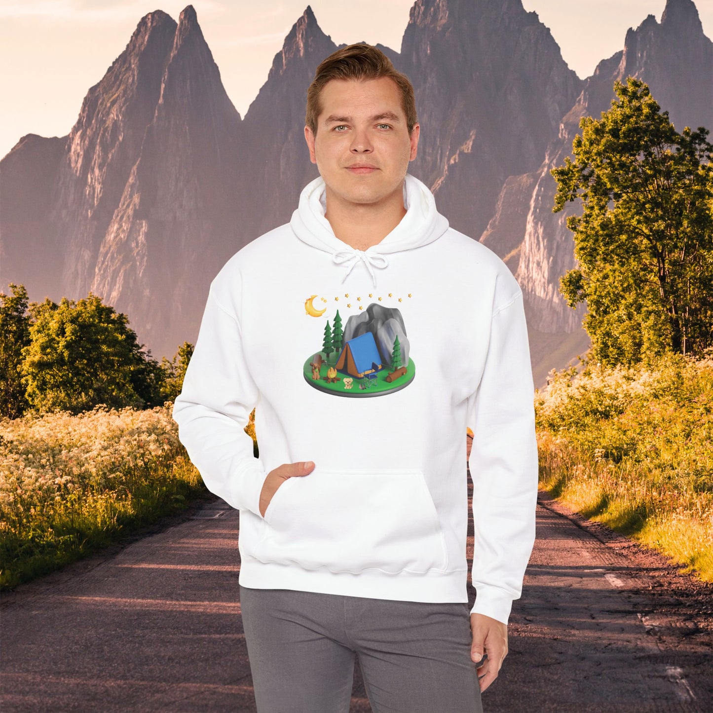 Mountain Camping Unisex Hoodie - Night Time Adventure with Your Dog