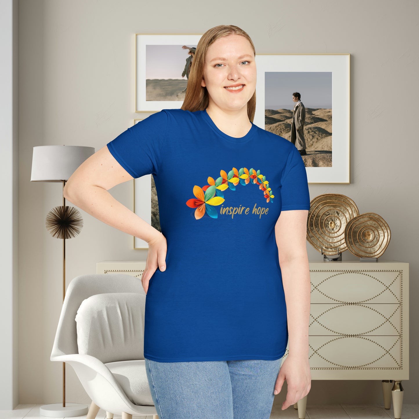 A beautiful origami style flowers in rainbow formation with “inspire hope” below it. We find hope in each other, that is part of our humanity. Be that inspiration, one person at a time. This is a Unisex Softstyle T-Shirt.