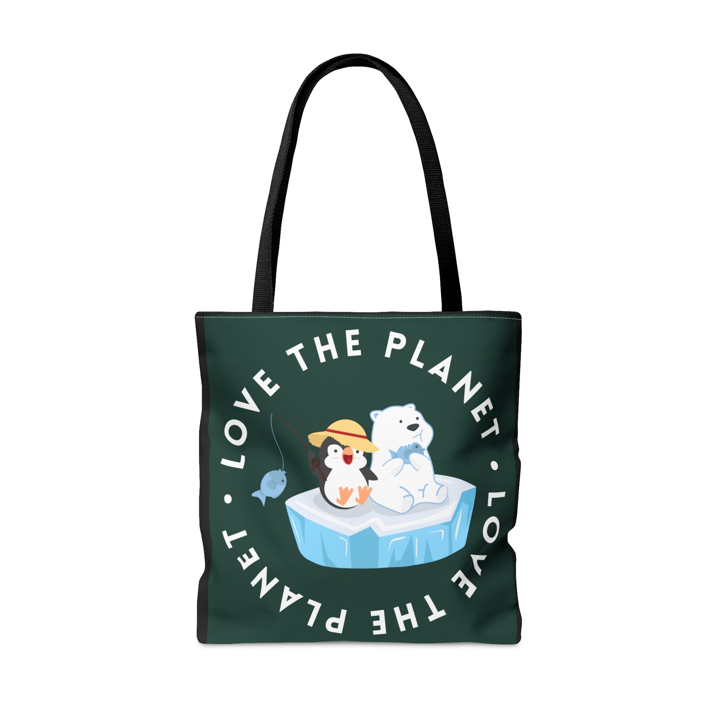 Cute polar bear, penguin and fish inside a  “LOVE THE PLANET” Tote Bag in 3 sizes to meet your needs.