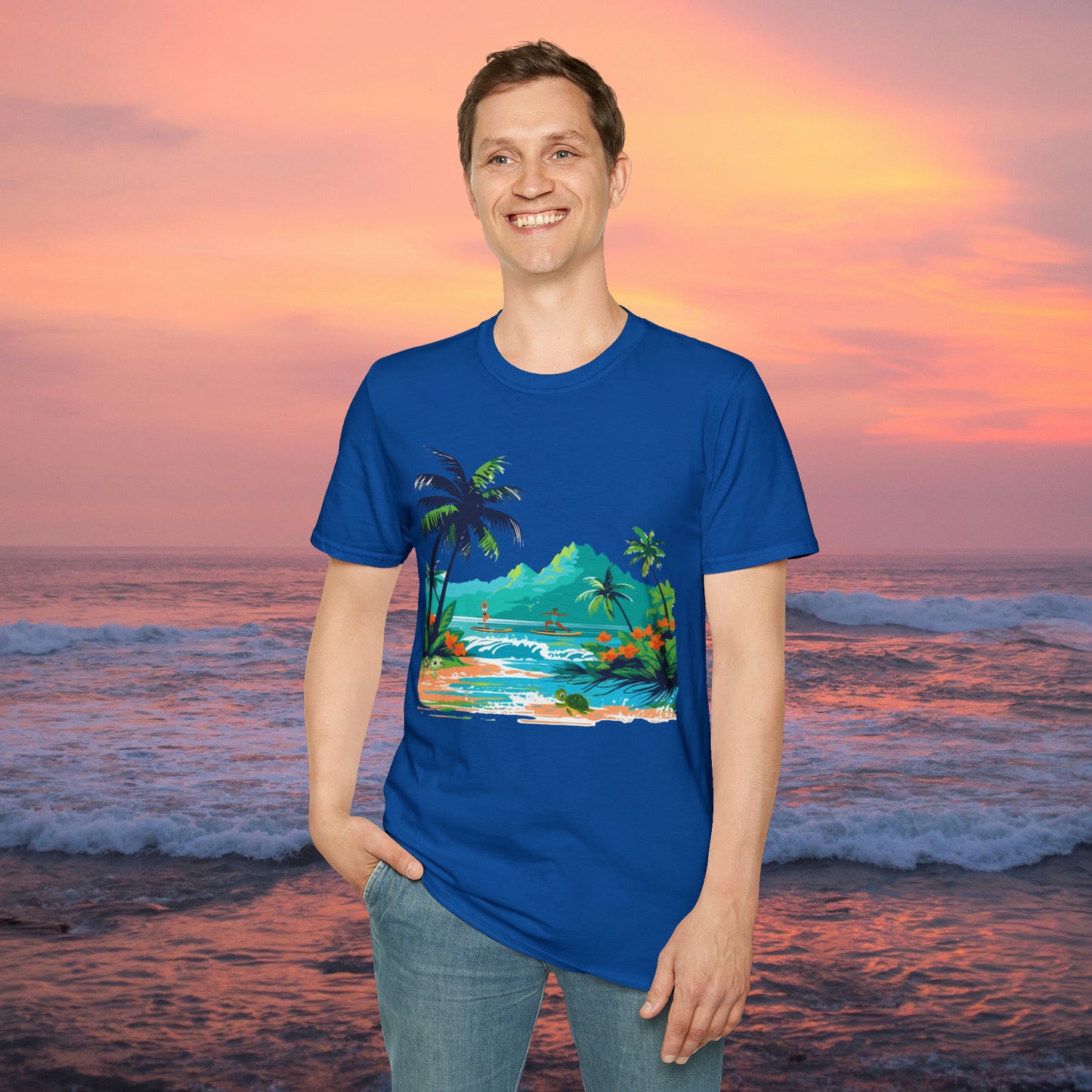 A peaceful paddle board yoga, anyone? With turtles, palm trees and yes the ocean and mountains. Enjoy! A Unisex Softstyle T-Shirt.