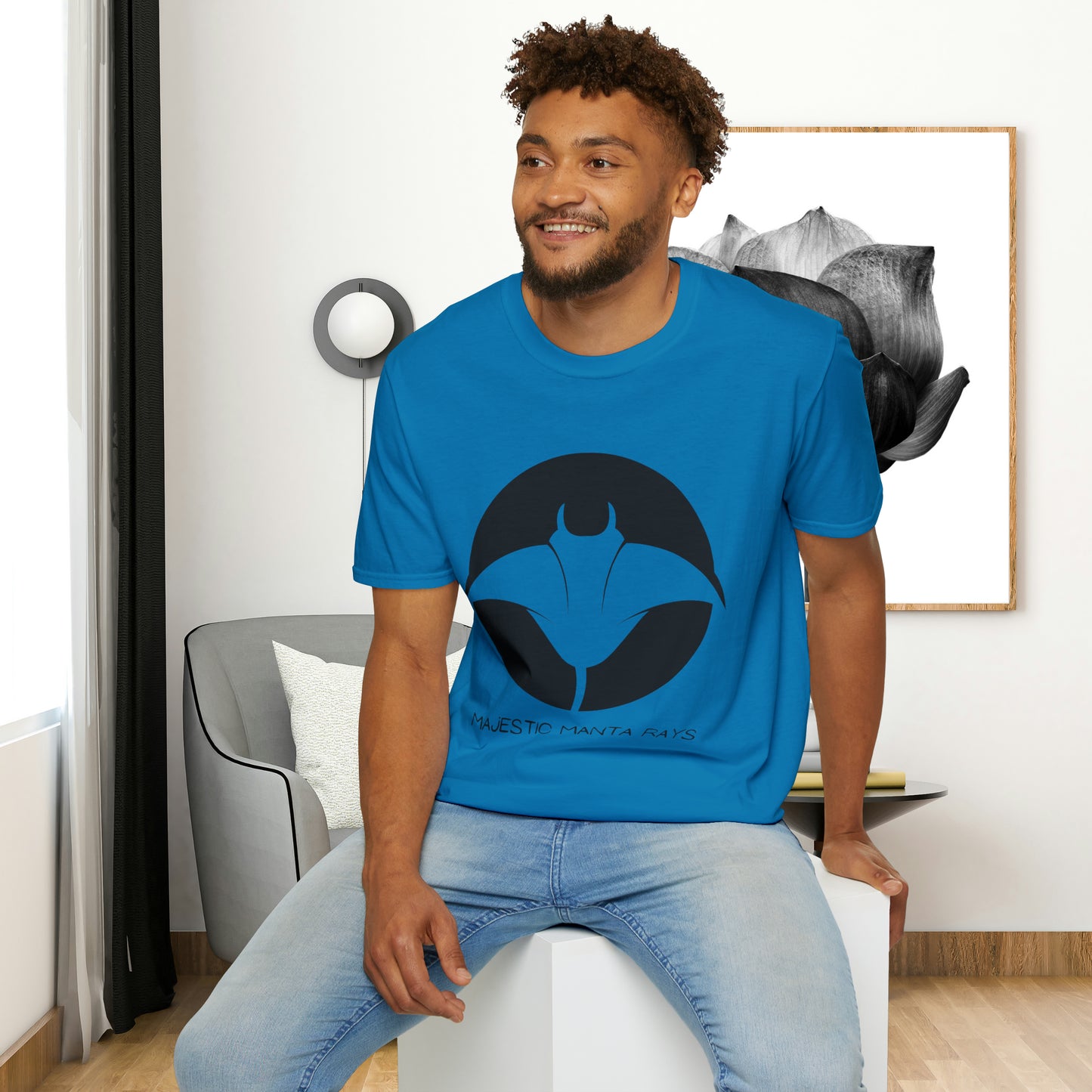 Black and white Majestic Manta Rays Design on this Unisex Softstyle T-Shirt. These giants seemingly fly through the water so gracefully, just watch and don’t touch.