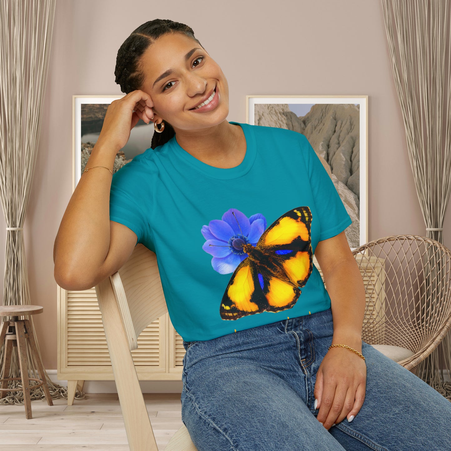 Beautiful “become the change" Unisex Softstyle T-Shirt butterfly design. Great as a gift or get one for yourself.