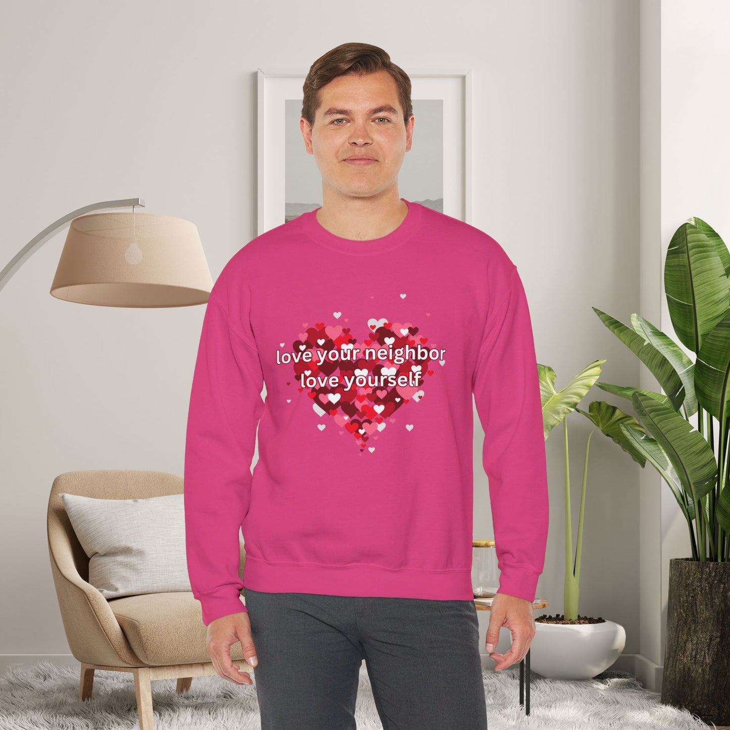 “love your neighbor love yourself” on top of a beautiful heart of hearts. Give the gift of this Unisex Heavy Blend™ Crewneck Sweatshirt or get one for yourself.