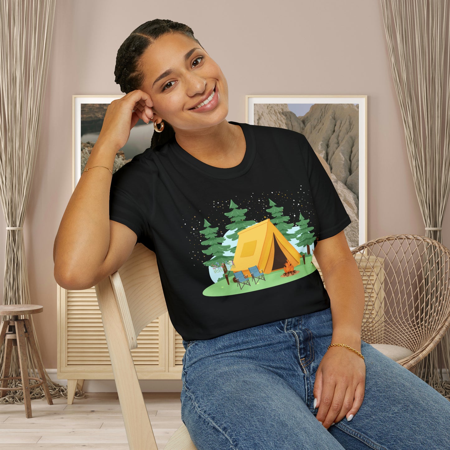 Camping can be so much fun! A happy place for many of us. Love of the great outdoors inspired design on this Unisex Softstyle T-Shirt.