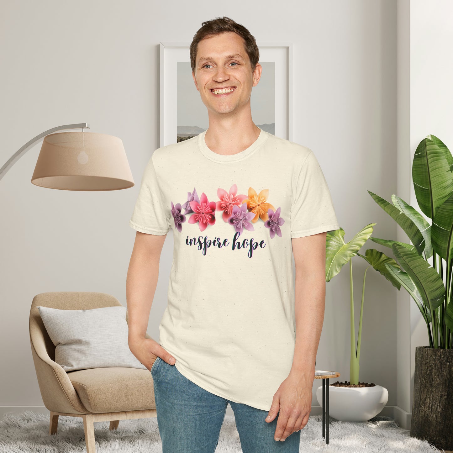 Our ability to “inspire hope” in others begins with us recognizing our ability to do so. Origami flowers go with this message on this Unisex Softstyle T-Shirt.