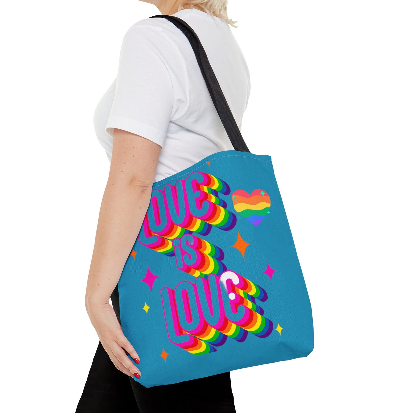 LOVE IS LOVE, full stop. Celebrate it with this colorful Tote Bag in 3 sizes to meet your needs.